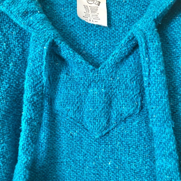 Baja style poncho hoodie with pouch pocket, turquoise, XL - Picture 4 of 9